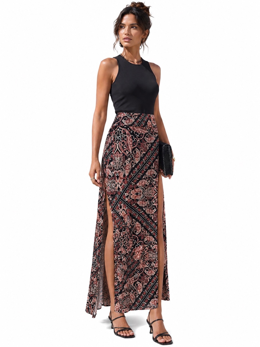 Charlotte Russe Earthtone Print Slit Maxi Dress